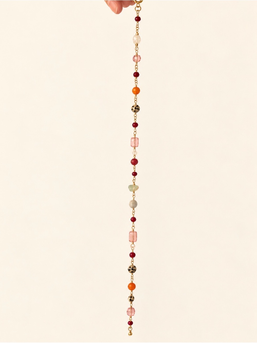 Handmade Gold Chain Multicolor Bead Necklace — Pink, Orange & Red Accents